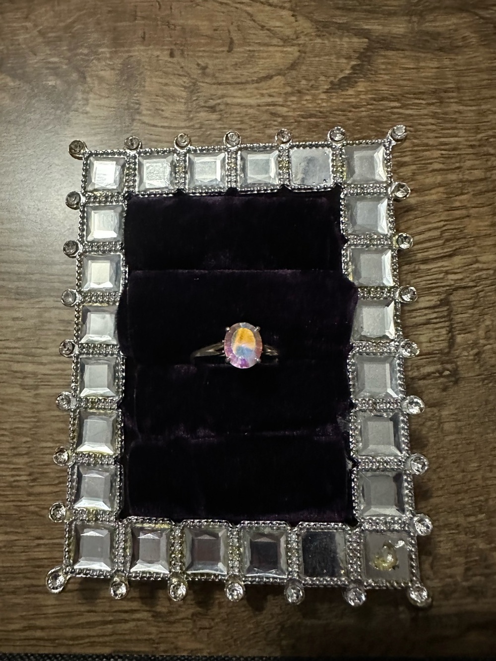 Clear iridescent oval stone and sterling silver ring Sz 10